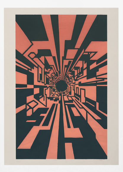A high-contrast abstract artwork in coral pink and black, depicting a one-point perspective view down a complex geometric tunnel. Angular, blocky shapes create a futuristic corridor that recedes into a dark, circular vanishing point in the center, giving a strong sense of depth and motion. The piece is matted in white and framed in black. Print