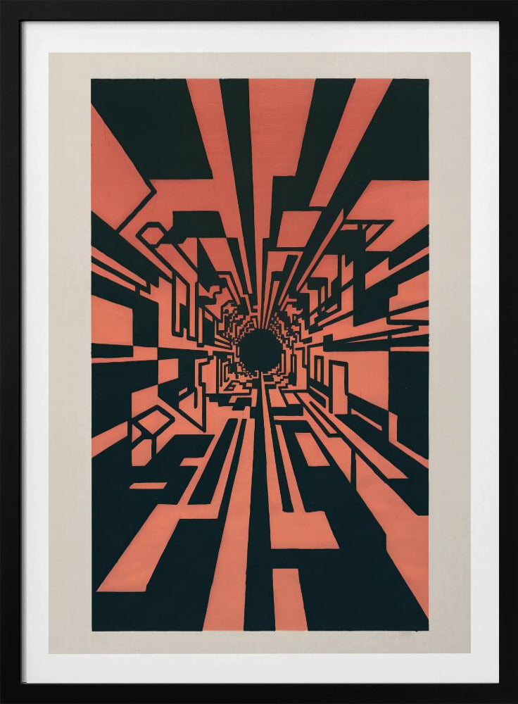 A high-contrast abstract artwork in coral pink and black, depicting a one-point perspective view down a complex geometric tunnel. Angular, blocky shapes create a futuristic corridor that recedes into a dark, circular vanishing point in the center, giving a strong sense of depth and motion. The piece is matted in white and framed in black. Print