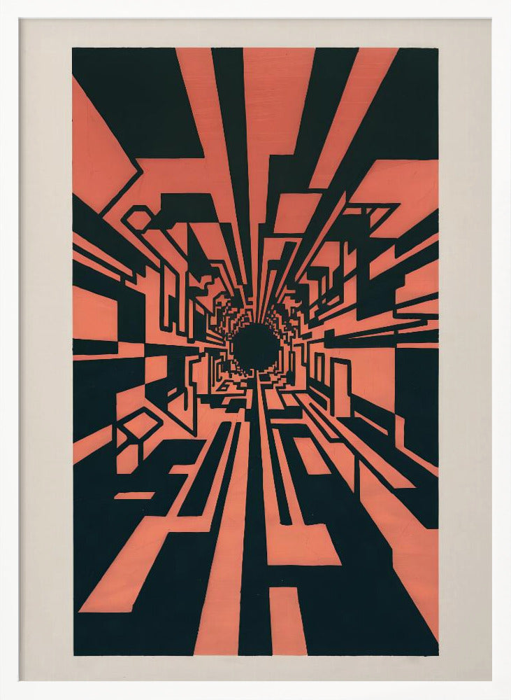 A high-contrast abstract artwork in coral pink and black, depicting a one-point perspective view down a complex geometric tunnel. Angular, blocky shapes create a futuristic corridor that recedes into a dark, circular vanishing point in the center, giving a strong sense of depth and motion. The piece is matted in white and framed in black. Print