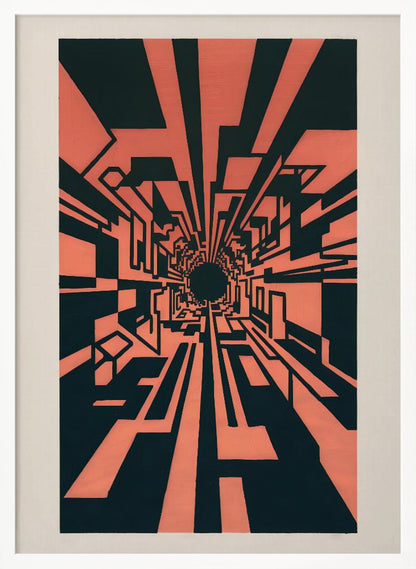 A high-contrast abstract artwork in coral pink and black, depicting a one-point perspective view down a complex geometric tunnel. Angular, blocky shapes create a futuristic corridor that recedes into a dark, circular vanishing point in the center, giving a strong sense of depth and motion. The piece is matted in white and framed in black. Print