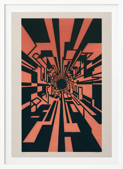 A high-contrast abstract artwork in coral pink and black, depicting a one-point perspective view down a complex geometric tunnel. Angular, blocky shapes create a futuristic corridor that recedes into a dark, circular vanishing point in the center, giving a strong sense of depth and motion. The piece is matted in white and framed in black. Print