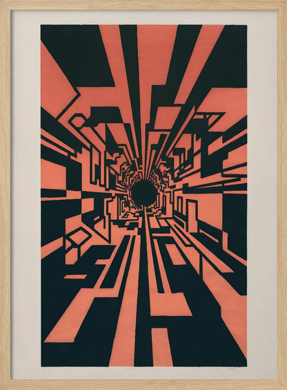 A high-contrast abstract artwork in coral pink and black, depicting a one-point perspective view down a complex geometric tunnel. Angular, blocky shapes create a futuristic corridor that recedes into a dark, circular vanishing point in the center, giving a strong sense of depth and motion. The piece is matted in white and framed in black. Print