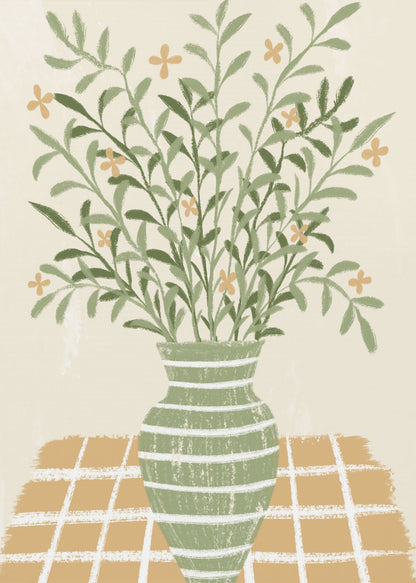 A stylized painting of a green vase with white horizontal stripes, filled with a large bouquet of leafy green stems and small orange flowers. The vase sits on a gold and white checkered tablecloth against a solid beige background. Poster