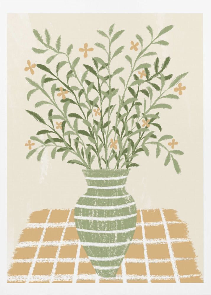 A stylized painting of a green vase with white horizontal stripes, filled with a large bouquet of leafy green stems and small orange flowers. The vase sits on a gold and white checkered tablecloth against a solid beige background. Poster
