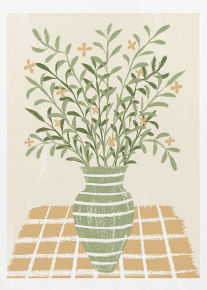 A stylized painting of a green vase with white horizontal stripes, filled with a large bouquet of leafy green stems and small orange flowers. The vase sits on a gold and white checkered tablecloth against a solid beige background. Poster