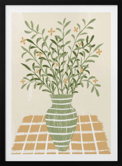 A stylized painting of a green vase with white horizontal stripes, filled with a large bouquet of leafy green stems and small orange flowers. The vase sits on a gold and white checkered tablecloth against a solid beige background. Poster