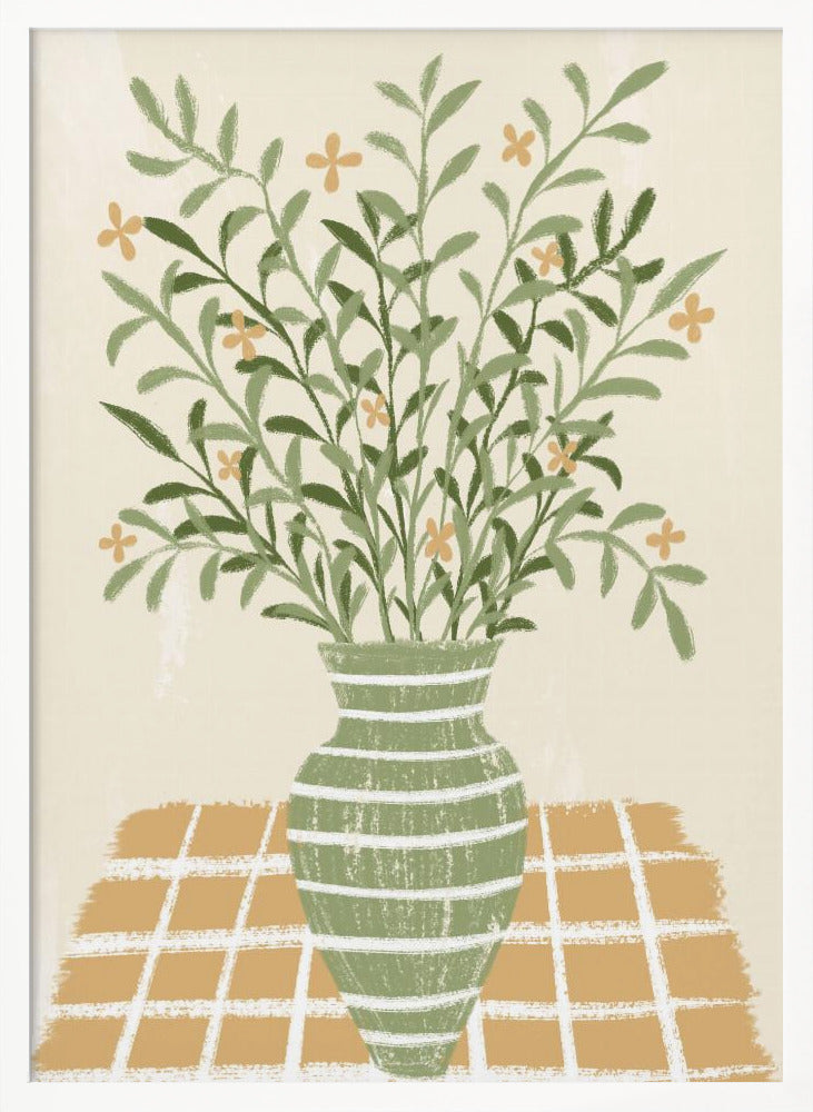 A stylized painting of a green vase with white horizontal stripes, filled with a large bouquet of leafy green stems and small orange flowers. The vase sits on a gold and white checkered tablecloth against a solid beige background. Poster