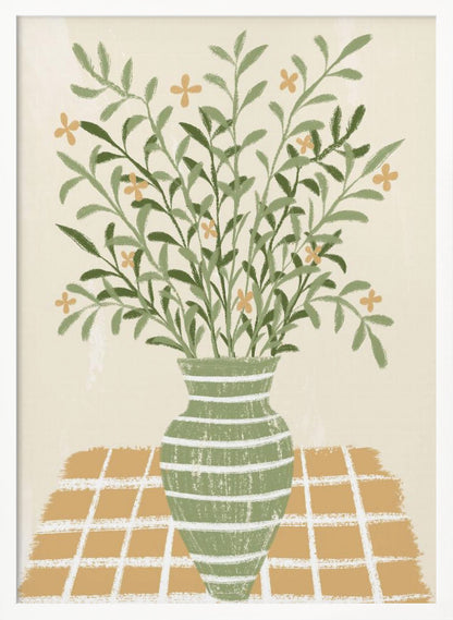 A stylized painting of a green vase with white horizontal stripes, filled with a large bouquet of leafy green stems and small orange flowers. The vase sits on a gold and white checkered tablecloth against a solid beige background. Poster