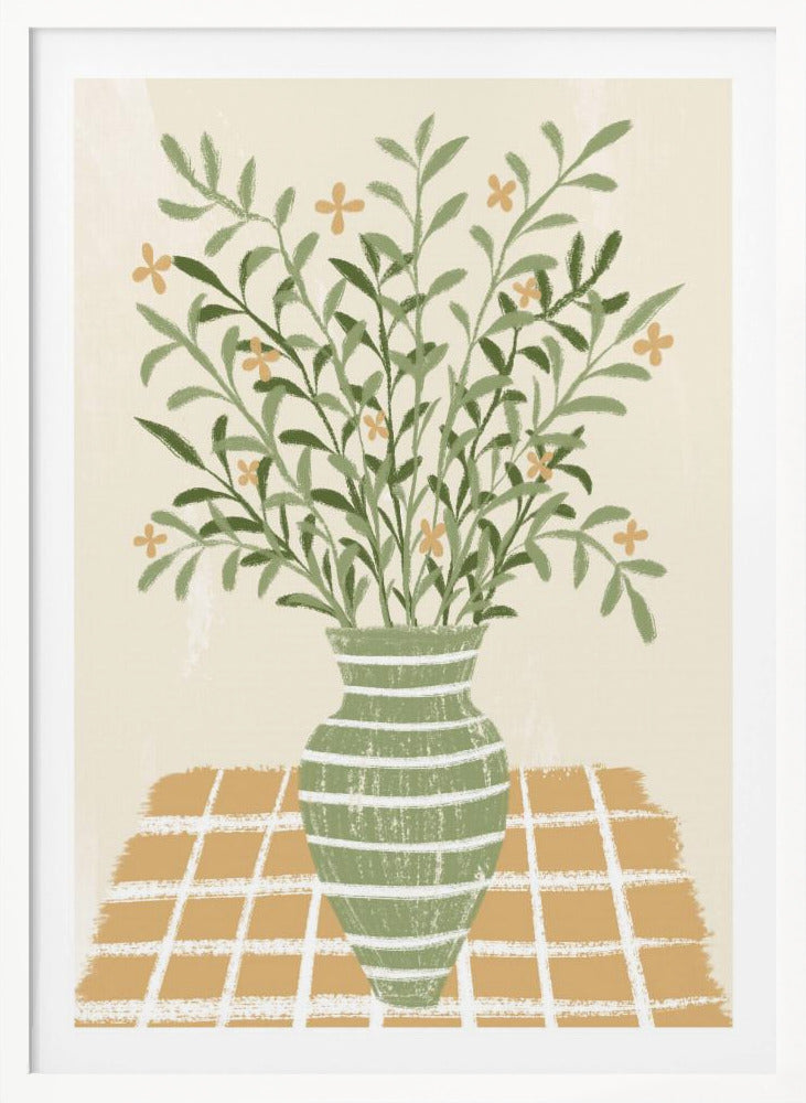 A stylized painting of a green vase with white horizontal stripes, filled with a large bouquet of leafy green stems and small orange flowers. The vase sits on a gold and white checkered tablecloth against a solid beige background. Poster