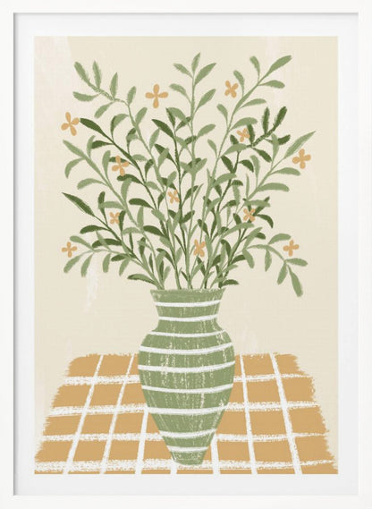 A stylized painting of a green vase with white horizontal stripes, filled with a large bouquet of leafy green stems and small orange flowers. The vase sits on a gold and white checkered tablecloth against a solid beige background. Poster