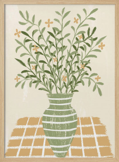 A stylized painting of a green vase with white horizontal stripes, filled with a large bouquet of leafy green stems and small orange flowers. The vase sits on a gold and white checkered tablecloth against a solid beige background. Poster