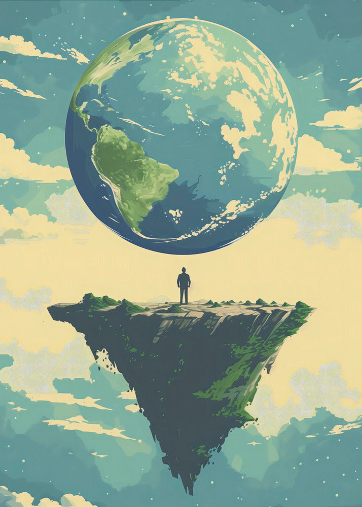 A surreal illustration of a lone person standing on a small, floating island, gazing up at a massive Planet Earth in a cloudy sky. The style is graphic and painterly with a muted color palette. Print
