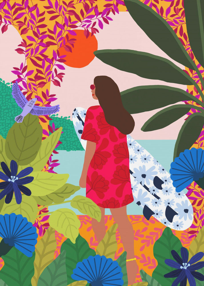 A vibrant, colorful illustration of a woman in a red dress carrying a floral surfboard, walking through a lush tropical jungle towards the ocean under a setting orange sun. Wall Art