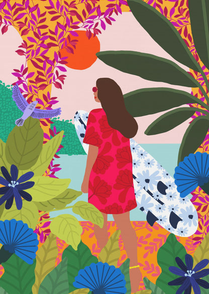 A vibrant, colorful illustration of a woman in a red dress carrying a floral surfboard, walking through a lush tropical jungle towards the ocean under a setting orange sun. Wall Art