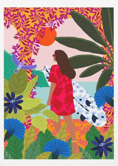 A vibrant, colorful illustration of a woman in a red dress carrying a floral surfboard, walking through a lush tropical jungle towards the ocean under a setting orange sun. Wall Art