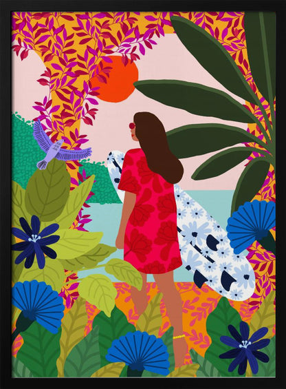 A vibrant, colorful illustration of a woman in a red dress carrying a floral surfboard, walking through a lush tropical jungle towards the ocean under a setting orange sun. Wall Art