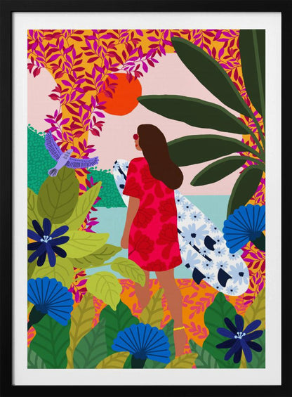 A vibrant, colorful illustration of a woman in a red dress carrying a floral surfboard, walking through a lush tropical jungle towards the ocean under a setting orange sun. Wall Art