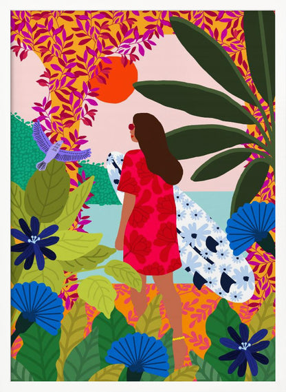 A vibrant, colorful illustration of a woman in a red dress carrying a floral surfboard, walking through a lush tropical jungle towards the ocean under a setting orange sun. Wall Art