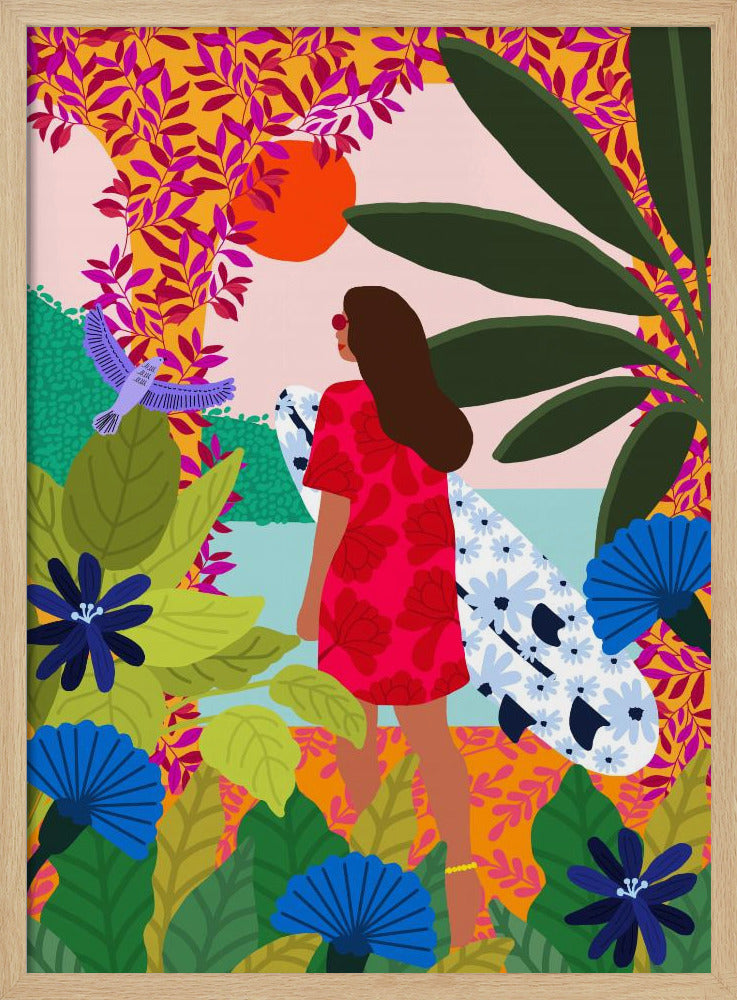 A vibrant, colorful illustration of a woman in a red dress carrying a floral surfboard, walking through a lush tropical jungle towards the ocean under a setting orange sun. Wall Art
