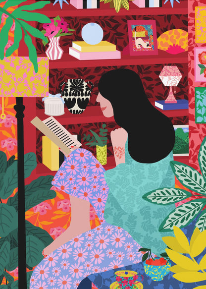 A colorful, maximalist illustration of a woman with long black hair sitting comfortably while reading a book. She is surrounded by lush green plants and a vibrant red bookshelf filled with decorative items, creating a cozy and eclectic atmosphere. Print