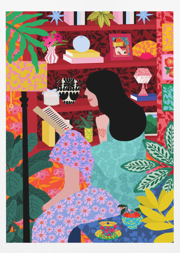 A colorful, maximalist illustration of a woman with long black hair sitting comfortably while reading a book. She is surrounded by lush green plants and a vibrant red bookshelf filled with decorative items, creating a cozy and eclectic atmosphere. Print