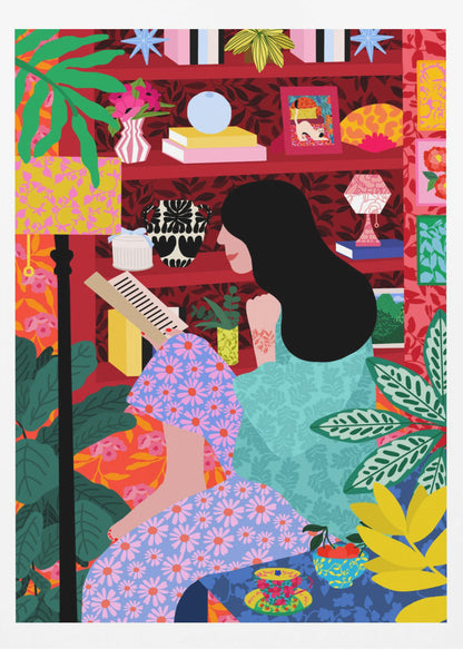 A colorful, maximalist illustration of a woman with long black hair sitting comfortably while reading a book. She is surrounded by lush green plants and a vibrant red bookshelf filled with decorative items, creating a cozy and eclectic atmosphere. Print