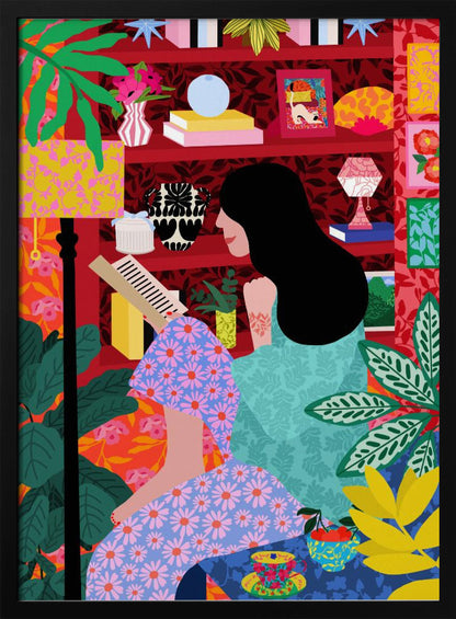 A colorful, maximalist illustration of a woman with long black hair sitting comfortably while reading a book. She is surrounded by lush green plants and a vibrant red bookshelf filled with decorative items, creating a cozy and eclectic atmosphere. Print