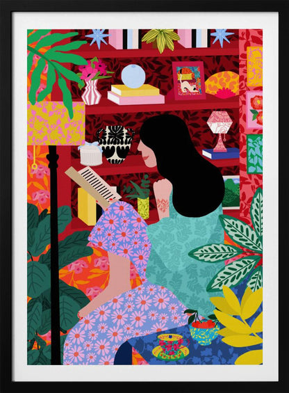 A colorful, maximalist illustration of a woman with long black hair sitting comfortably while reading a book. She is surrounded by lush green plants and a vibrant red bookshelf filled with decorative items, creating a cozy and eclectic atmosphere. Print