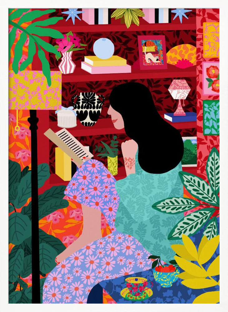 A colorful, maximalist illustration of a woman with long black hair sitting comfortably while reading a book. She is surrounded by lush green plants and a vibrant red bookshelf filled with decorative items, creating a cozy and eclectic atmosphere. Print