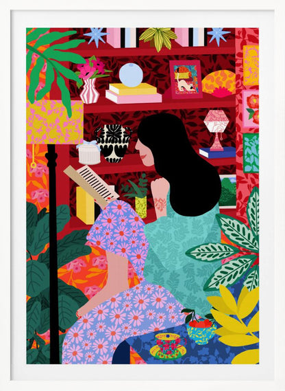 A colorful, maximalist illustration of a woman with long black hair sitting comfortably while reading a book. She is surrounded by lush green plants and a vibrant red bookshelf filled with decorative items, creating a cozy and eclectic atmosphere. Print