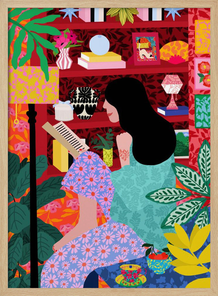 A colorful, maximalist illustration of a woman with long black hair sitting comfortably while reading a book. She is surrounded by lush green plants and a vibrant red bookshelf filled with decorative items, creating a cozy and eclectic atmosphere. Print
