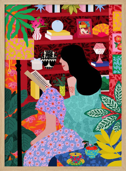 A colorful, maximalist illustration of a woman with long black hair sitting comfortably while reading a book. She is surrounded by lush green plants and a vibrant red bookshelf filled with decorative items, creating a cozy and eclectic atmosphere. Print