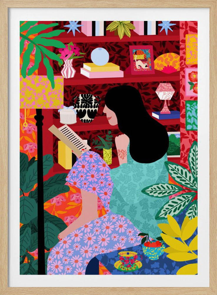A colorful, maximalist illustration of a woman with long black hair sitting comfortably while reading a book. She is surrounded by lush green plants and a vibrant red bookshelf filled with decorative items, creating a cozy and eclectic atmosphere. Print