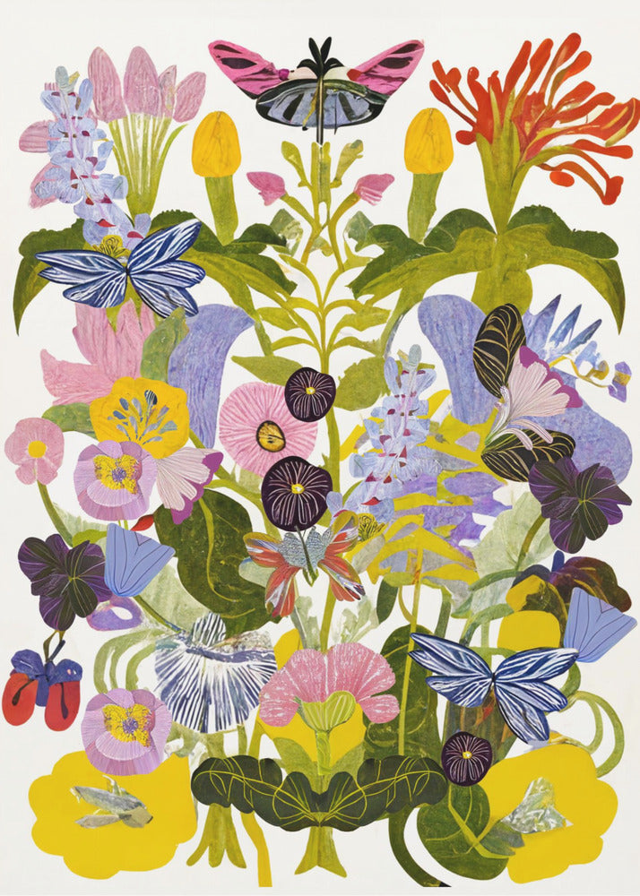 A vibrant, symmetrical collage-style artwork depicting a dense bouquet of colorful flowers and butterflies against a white background, enclosed in a black frame. The composition features a variety of stylized flowers in shades of pink, yellow, purple, and blue, with several blue and pink butterflies interspersed among the green foliage. Decor