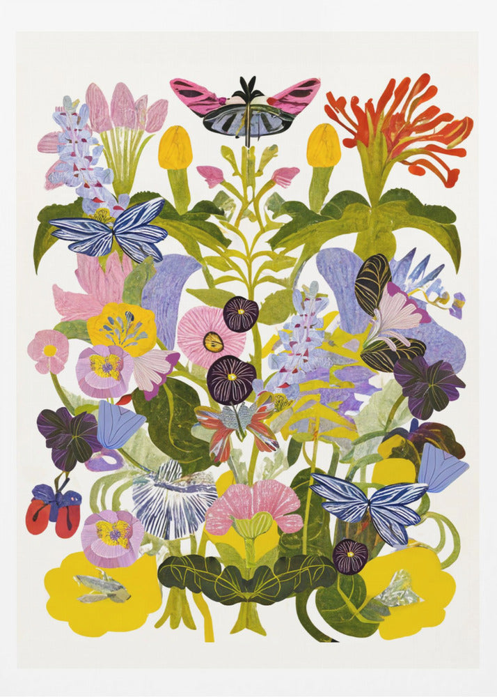 A vibrant, symmetrical collage-style artwork depicting a dense bouquet of colorful flowers and butterflies against a white background, enclosed in a black frame. The composition features a variety of stylized flowers in shades of pink, yellow, purple, and blue, with several blue and pink butterflies interspersed among the green foliage. Decor