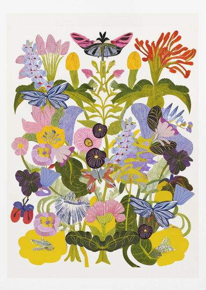 A vibrant, symmetrical collage-style artwork depicting a dense bouquet of colorful flowers and butterflies against a white background, enclosed in a black frame. The composition features a variety of stylized flowers in shades of pink, yellow, purple, and blue, with several blue and pink butterflies interspersed among the green foliage. Decor