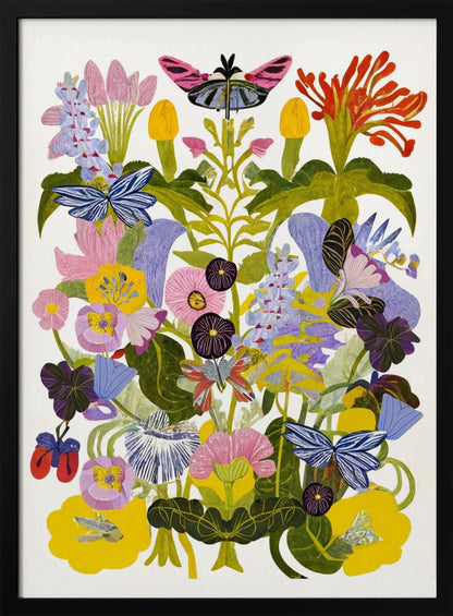 A vibrant, symmetrical collage-style artwork depicting a dense bouquet of colorful flowers and butterflies against a white background, enclosed in a black frame. The composition features a variety of stylized flowers in shades of pink, yellow, purple, and blue, with several blue and pink butterflies interspersed among the green foliage. Decor