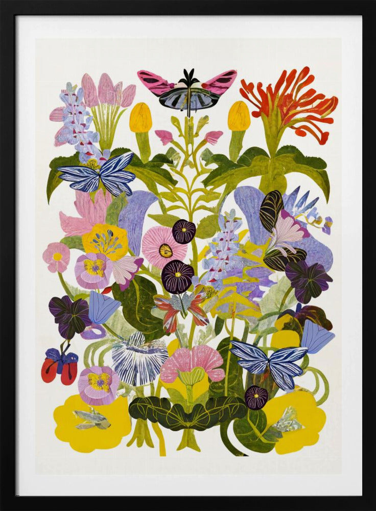 A vibrant, symmetrical collage-style artwork depicting a dense bouquet of colorful flowers and butterflies against a white background, enclosed in a black frame. The composition features a variety of stylized flowers in shades of pink, yellow, purple, and blue, with several blue and pink butterflies interspersed among the green foliage. Decor