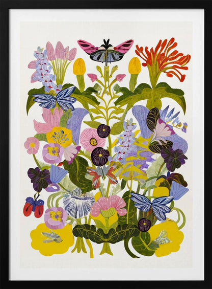 A vibrant, symmetrical collage-style artwork depicting a dense bouquet of colorful flowers and butterflies against a white background, enclosed in a black frame. The composition features a variety of stylized flowers in shades of pink, yellow, purple, and blue, with several blue and pink butterflies interspersed among the green foliage. Decor