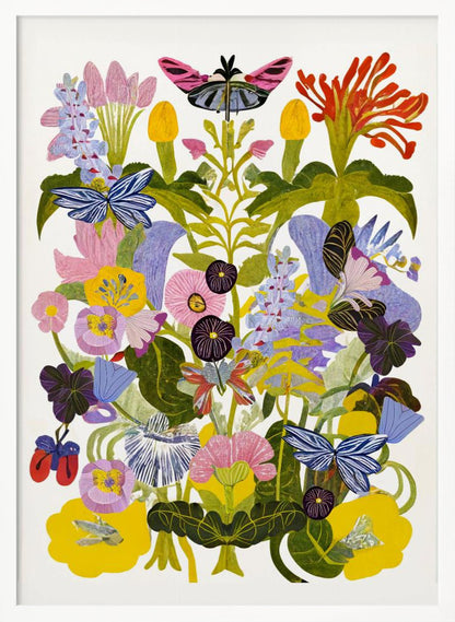 A vibrant, symmetrical collage-style artwork depicting a dense bouquet of colorful flowers and butterflies against a white background, enclosed in a black frame. The composition features a variety of stylized flowers in shades of pink, yellow, purple, and blue, with several blue and pink butterflies interspersed among the green foliage. Decor