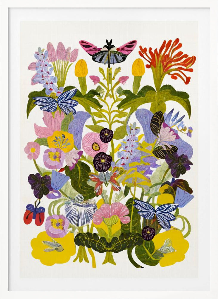 A vibrant, symmetrical collage-style artwork depicting a dense bouquet of colorful flowers and butterflies against a white background, enclosed in a black frame. The composition features a variety of stylized flowers in shades of pink, yellow, purple, and blue, with several blue and pink butterflies interspersed among the green foliage. Decor