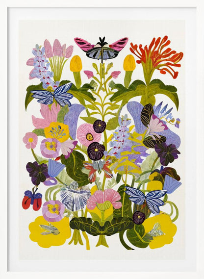 A vibrant, symmetrical collage-style artwork depicting a dense bouquet of colorful flowers and butterflies against a white background, enclosed in a black frame. The composition features a variety of stylized flowers in shades of pink, yellow, purple, and blue, with several blue and pink butterflies interspersed among the green foliage. Decor