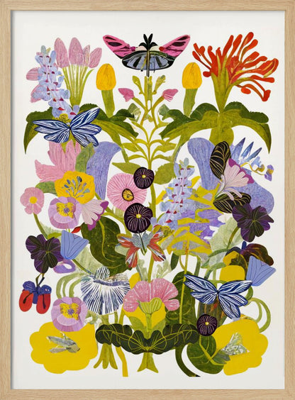 A vibrant, symmetrical collage-style artwork depicting a dense bouquet of colorful flowers and butterflies against a white background, enclosed in a black frame. The composition features a variety of stylized flowers in shades of pink, yellow, purple, and blue, with several blue and pink butterflies interspersed among the green foliage. Decor
