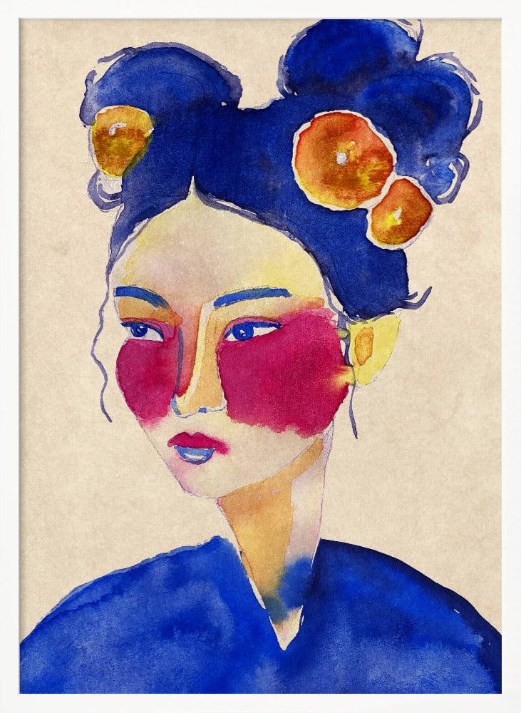 A stylized watercolor portrait of a woman with vibrant blue hair in double buns adorned with orange flowers, bold magenta blush, and a contemplative expression against a neutral beige background. Wall Art