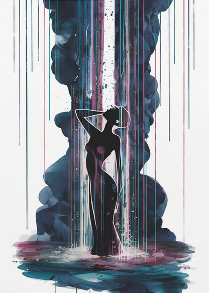 An abstract art piece featuring the black silhouette of an elegant woman standing in a pool of colorful watercolor. A large plume of dark blue smoke rises behind her, intersected by a bright white column of light and vibrant streaks of magenta and teal rain. Artwork