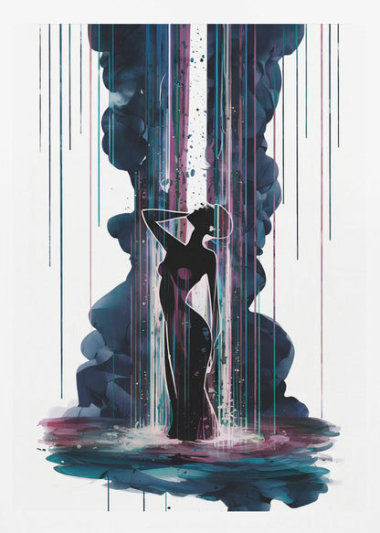 An abstract art piece featuring the black silhouette of an elegant woman standing in a pool of colorful watercolor. A large plume of dark blue smoke rises behind her, intersected by a bright white column of light and vibrant streaks of magenta and teal rain. Artwork