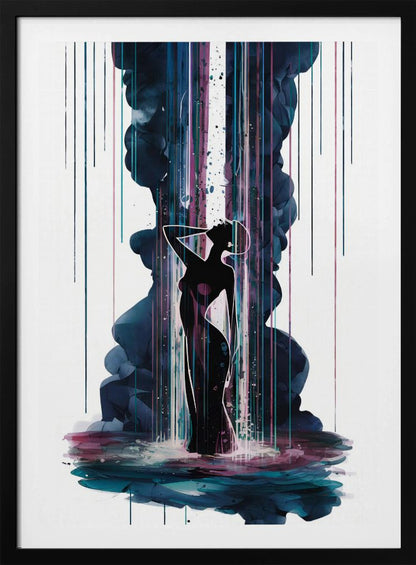 An abstract art piece featuring the black silhouette of an elegant woman standing in a pool of colorful watercolor. A large plume of dark blue smoke rises behind her, intersected by a bright white column of light and vibrant streaks of magenta and teal rain. Artwork
