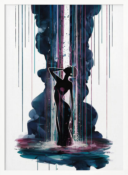 An abstract art piece featuring the black silhouette of an elegant woman standing in a pool of colorful watercolor. A large plume of dark blue smoke rises behind her, intersected by a bright white column of light and vibrant streaks of magenta and teal rain. Artwork