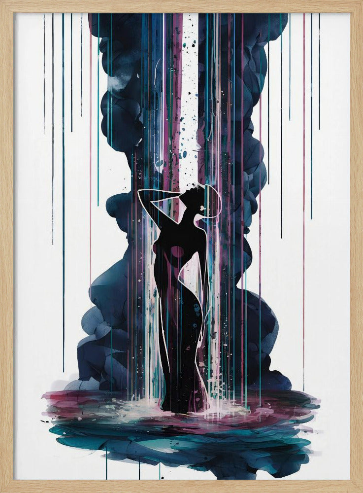 An abstract art piece featuring the black silhouette of an elegant woman standing in a pool of colorful watercolor. A large plume of dark blue smoke rises behind her, intersected by a bright white column of light and vibrant streaks of magenta and teal rain. Artwork