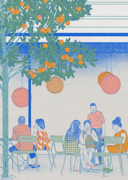 A stylized illustration of people relaxing at an outdoor cafe under a large orange tree. The scene is rendered in a limited color palette of blue, green, and orange, with a grainy texture. Several figures are seated at green chairs around tables, while round lanterns hang from the tree branches above. Wall Art